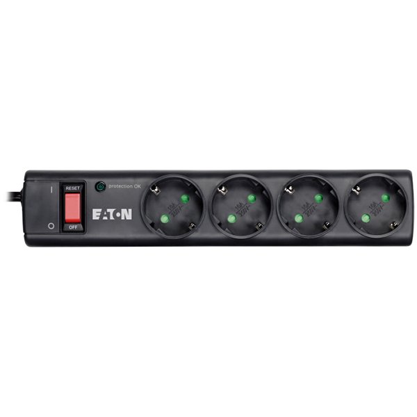 210304150010687499 Eaton Protection Strip 4 DIN 10A Input: Schuko Outputs: (4) Schuko; Power Cord Lenght 1m; - Image 1