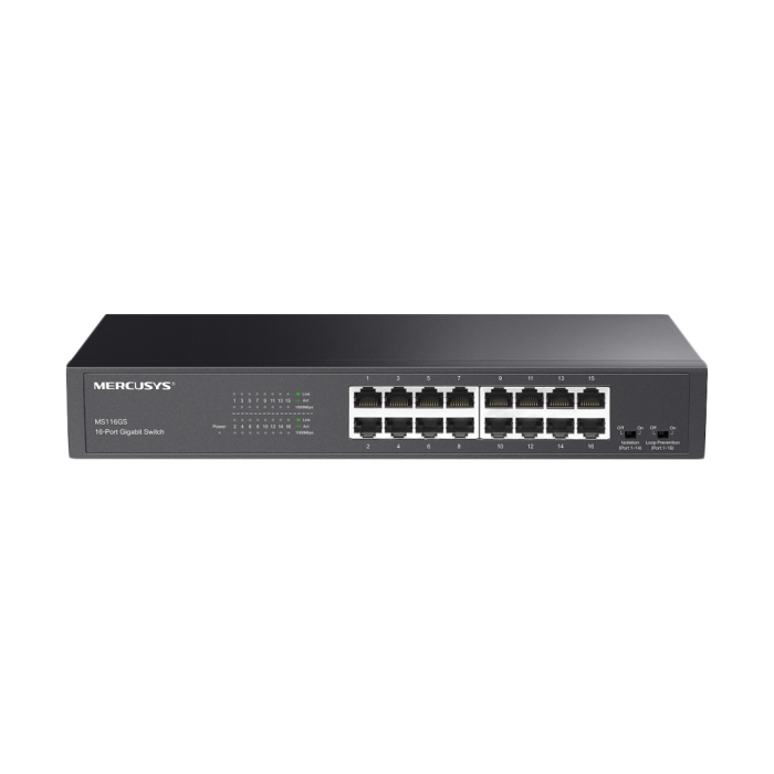 Mercusys MS116GS 16-Port Gigabit Desktop/Rackmount Switch 16x10/100/1000 Mbps Auto-Negotiation RJ45 port supporting Auto-MDI/MDIX Isolation Mode Mercusys MS116GS 16-Port Gigabit Desktop/Rackmount Switch 16x10/100/1000 Mbps Auto-Negotiation RJ45 port supporting Auto-MDI/MDIX Isolation Mode