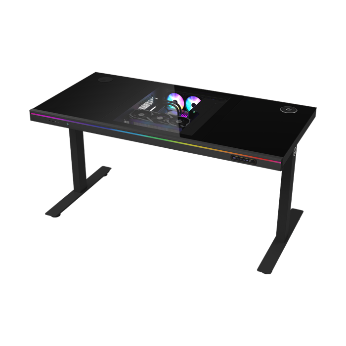 Dual-motor sit/stand adjustable-height gaming desk with built-in PC case wireless charger RGB lighting control panel