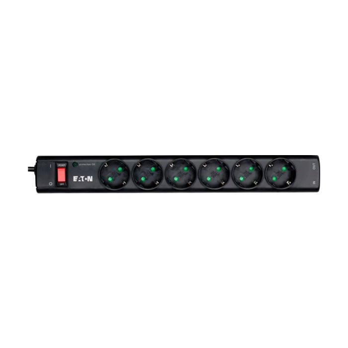Eaton Protection Strip 6 DIN 10A 2500W; Input: Schuko Outputs: 6 Schuko; Power Cord Lenght