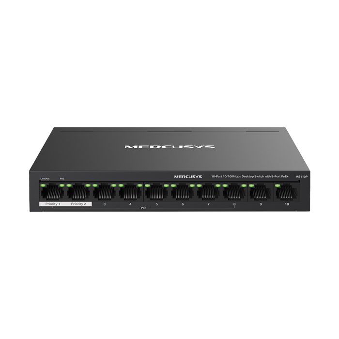 10-Port 10/100Mbps Desktop Switch with 8-Port PoE+PORT: 8× 10/100 Mbps PoE+ Ports 2× 10/100 Mbps