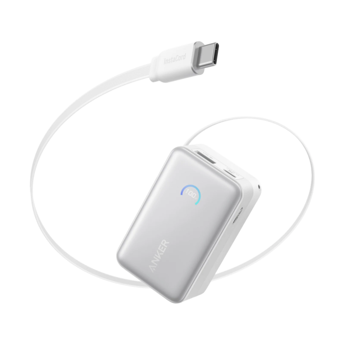 Anker Nano Power Bank 10K 45W Built-In Retractable USB-C Cable White Smart Display 70 cm